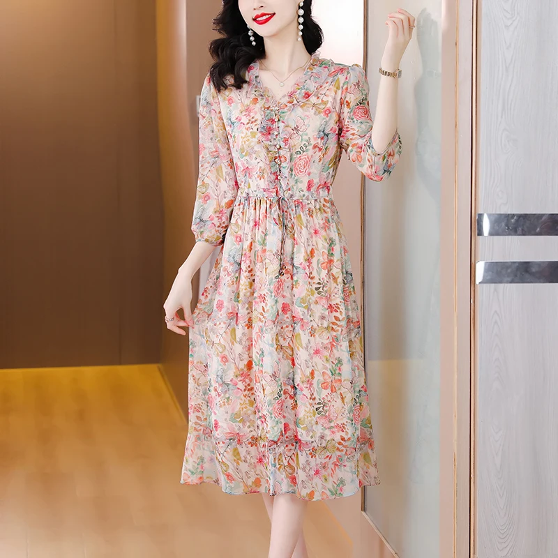 Printemps 2023 soie florale Dr pause thé minceur jupe longue à la mode v-ne x-aped trajet imprimé mousseline de soie sept-quarts Sve