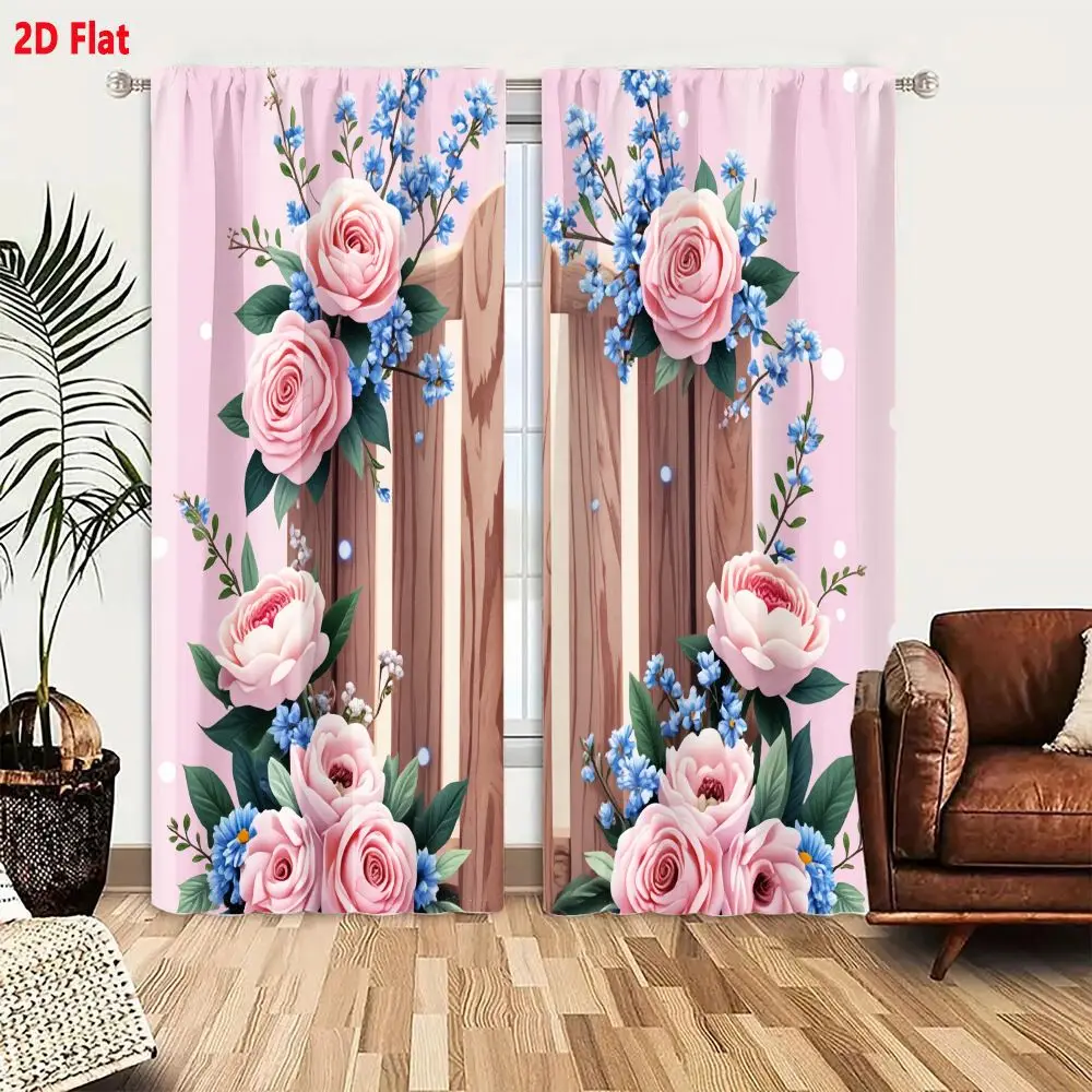 2Pcs Curtains 2D Flat Light Brown Wooden Fence With Pink Roses And Blue Flowers On Soft Pink Background Window Drapes for Bedroo