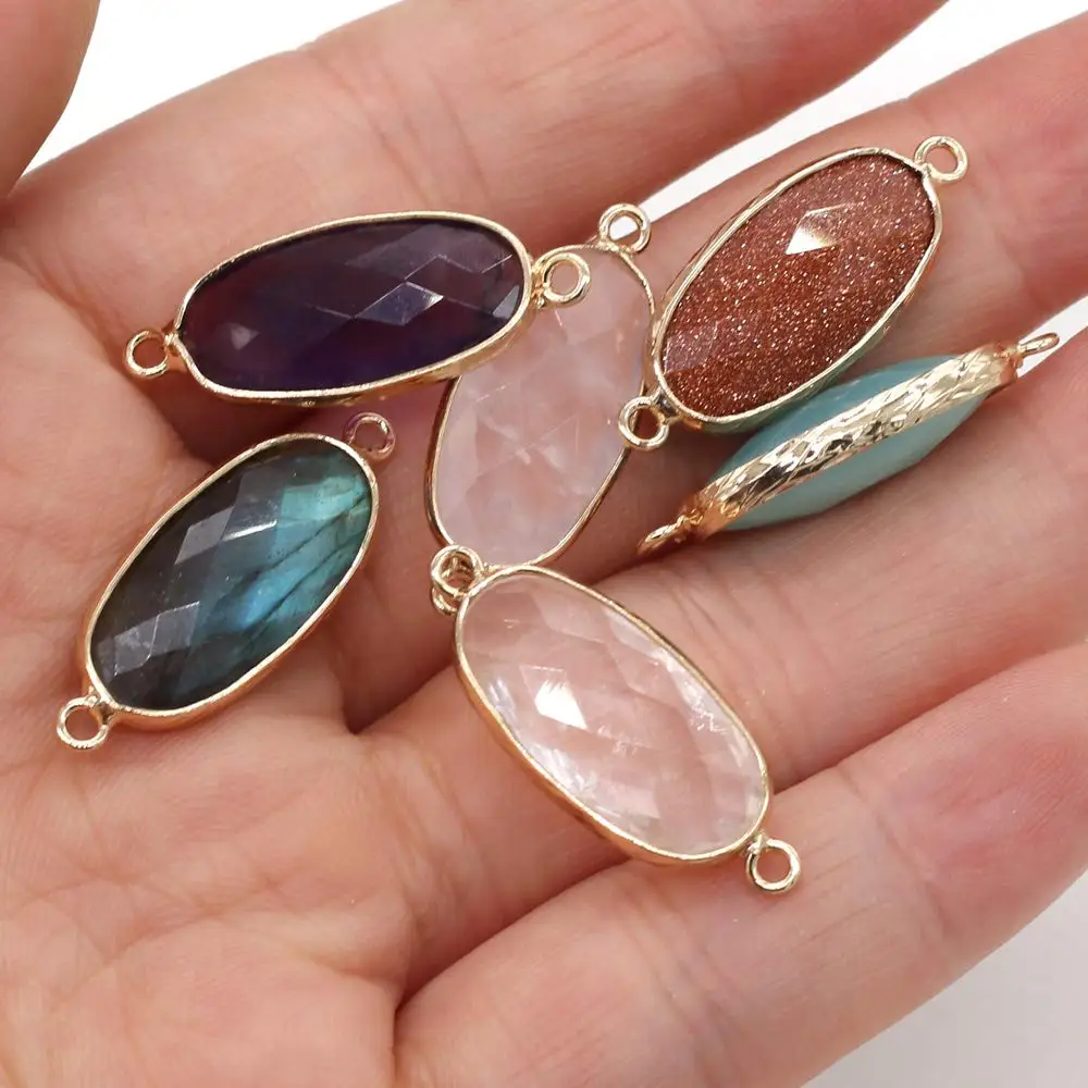 5 Pcs Natural Stone Connectors Faceted Oval Agate Crystal Healing Stone Charms for Jewelry Making DIY Bracelets Necklace Earrings Handicrafts Accessories