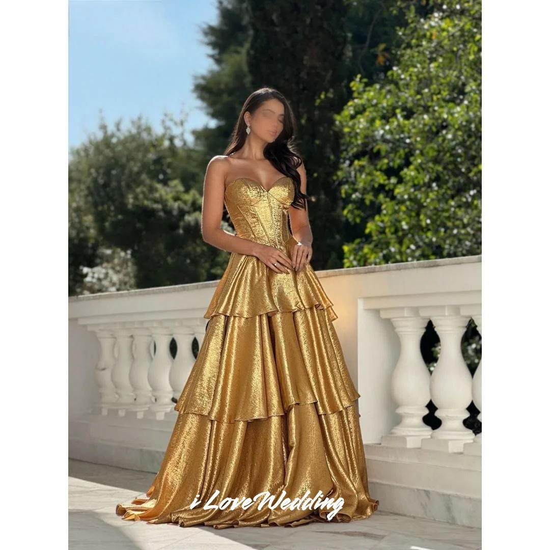 

Golden Sweetheart Prom Dresses 2025 Sleeveless A-Line Floor-Length Multi-Layered PleatedWedding Party Dresses Customized