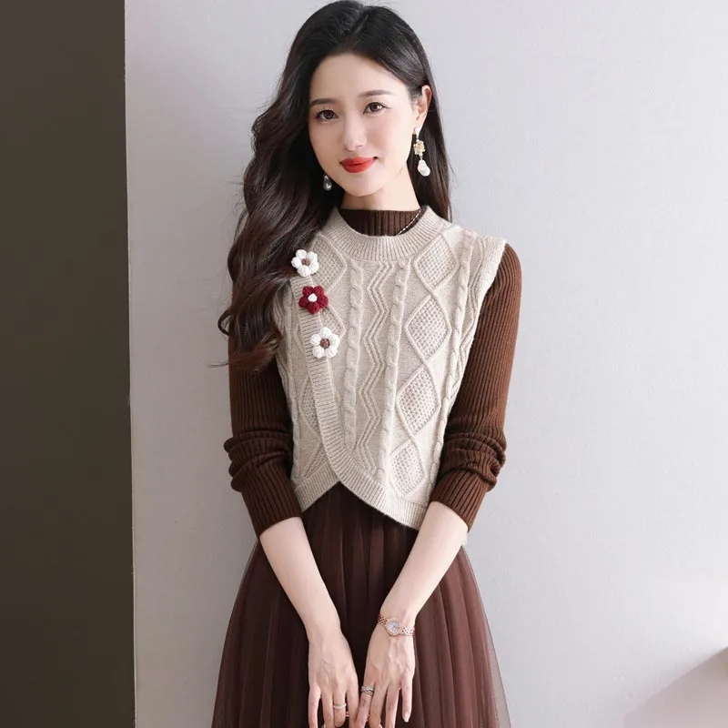 

Women's Clothing Elegant Fashion Sleeveless Sweater Vest Autumn Winter New Sweet All-match Flower Knit Tops Lady Solid Slim Coat