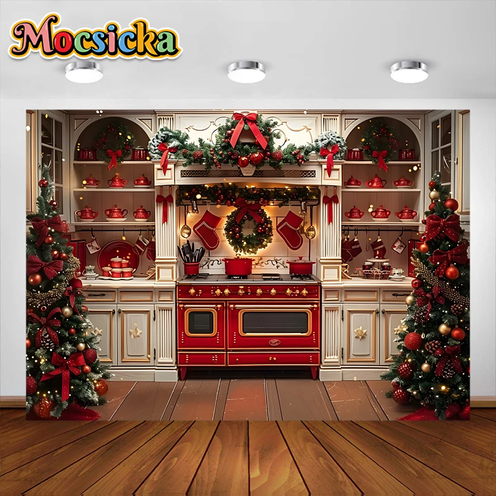 Mocsicka Christmas Kitchen Cabinets Photography Background Kid Children Portrait Party Decorations Backdrop Studio Banner