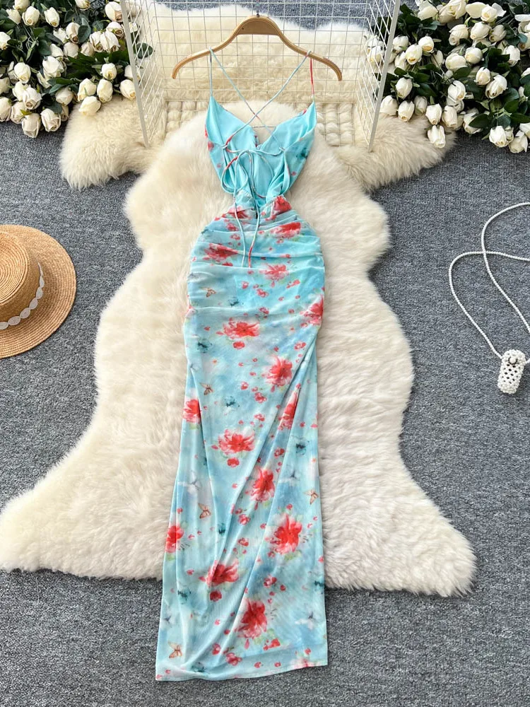 Summer Holiday Floral Me Bal Strap V-ne Gown Women's High Waist A-line Midi Dr Korean Sle Commute Dr