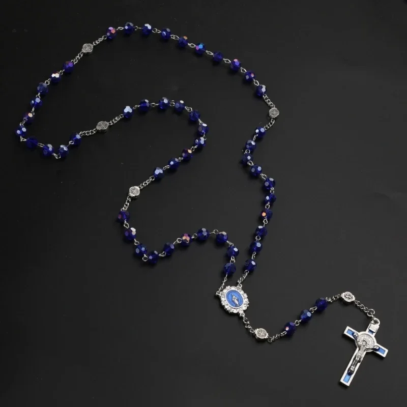 Blue Crystal Bead Rosary Necklace Vintage Catholic Religious for Cross Jesus Pendant Necklaces for Men Women Jewelry Charm Gift