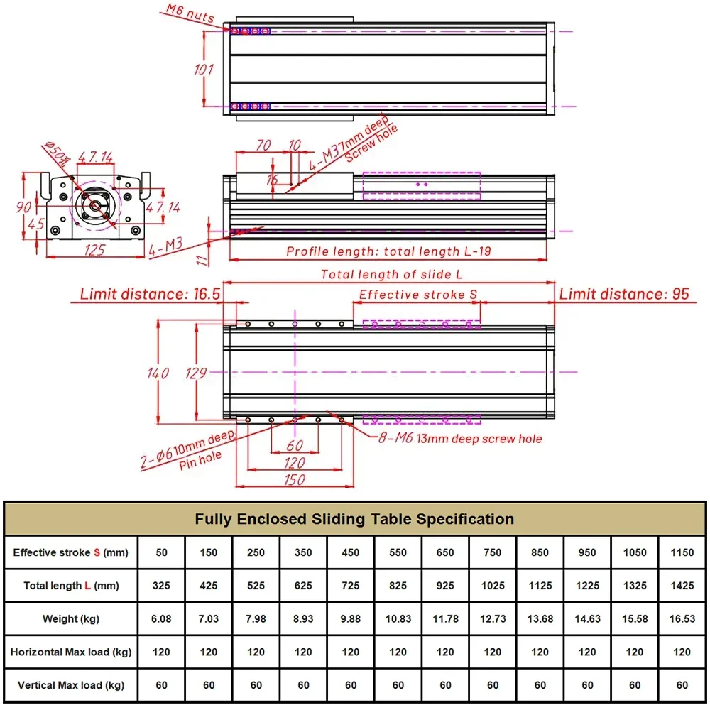 CNC Fully Enclosed Linear Guide Rails 1605 Ball Screw 50-1150MM Stroke XYZ Slides Automations Linear Bearings Home Automation