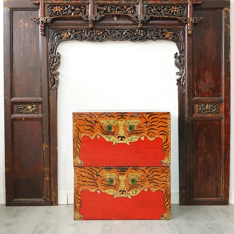 Retro Windows and Cabinets Solid Wood Chinese Style Tea Cabinet Entrance Cabinet Ming-Qing Period Hand Painted Locker Furniture