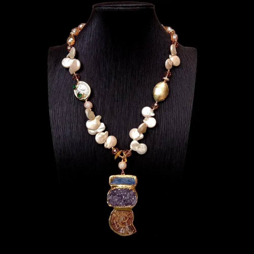 Y·YING Cultured Champagne Pearl Crystal Necklace Blue Kyanite Amethyst Druzy Pendant Necklace