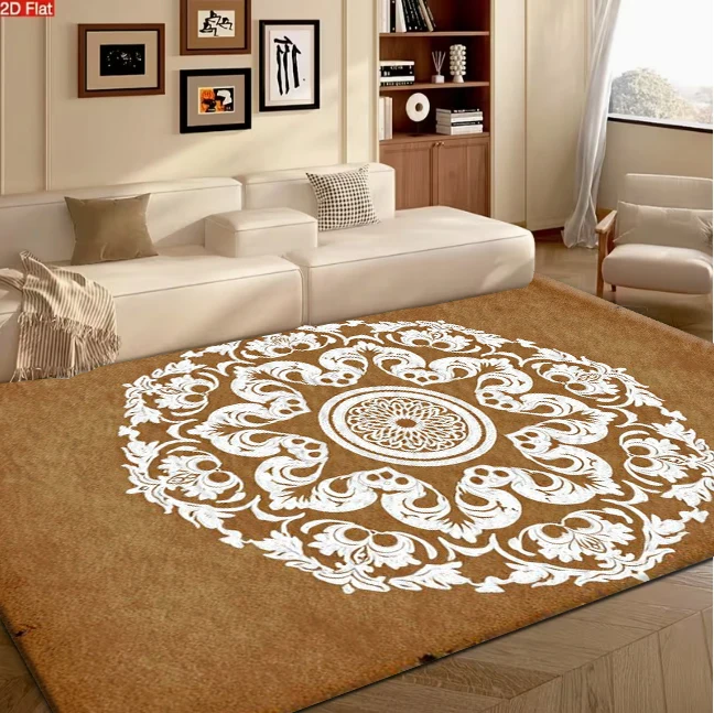 Vintage Brown Background White Ornate Mandala Pattern carpet flooring, Bohemian Art Decor Area Rug for Living Room Bedroom Home Interior Decoration