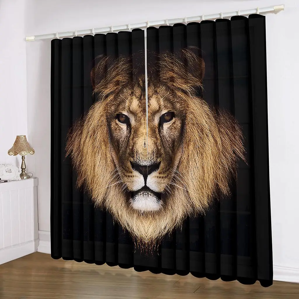 

Majestic Lion Portrait Curtains Black Gold Animal Print Drapes Unique Living Room Bedroom Decor Curtains 2 Panels Set