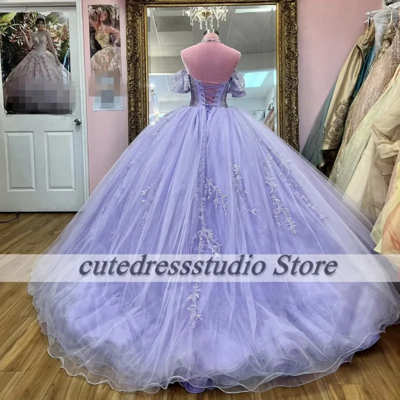 Elegant Lilac Quinceanera Dresses 2024 Off The Shoulder Sequin Applique Corset Back Vestido De XV Anos Sweet 16