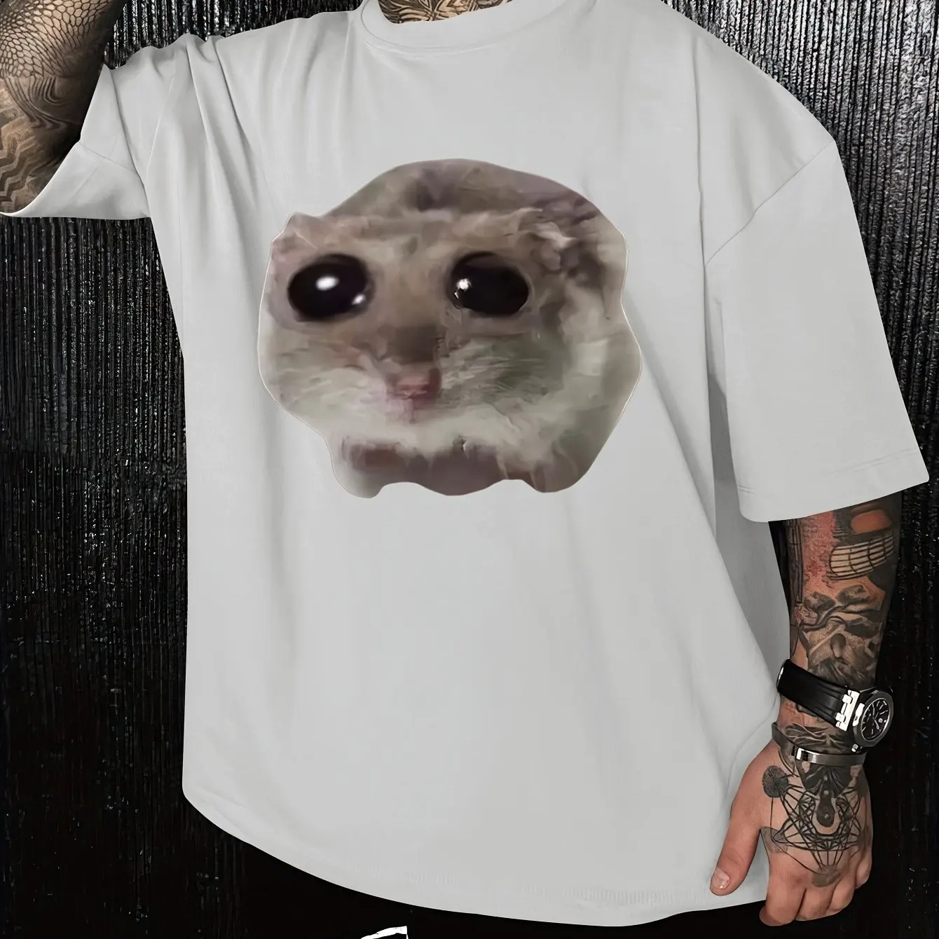 Crying Hamster Meme Graphic T-shirt Funny Internet Meme Unisex Oversized Cotton Tee