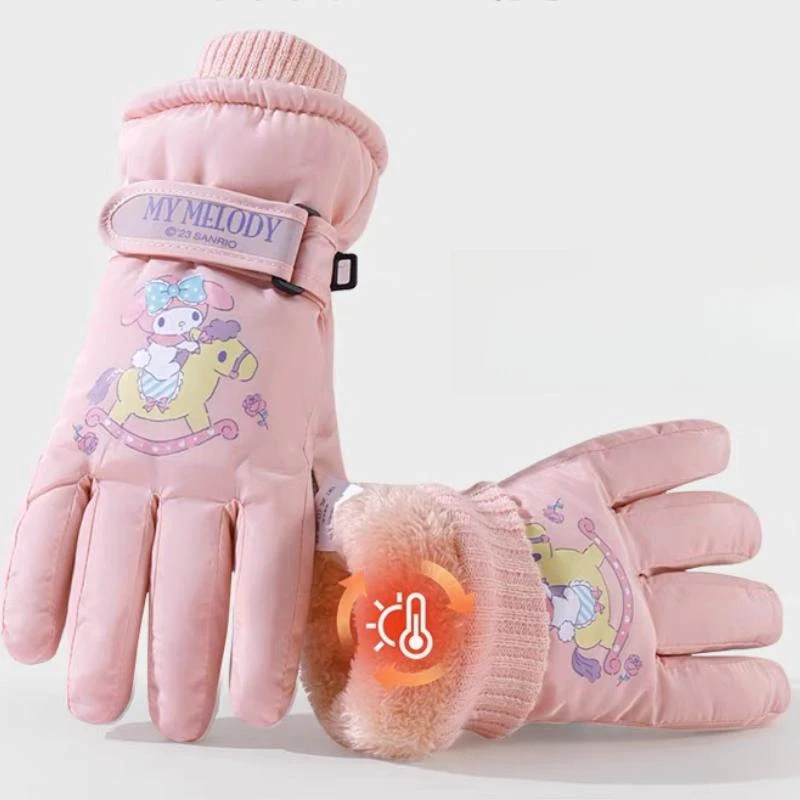 Luvas de esqui Sanrio Kuromi para meninas, luvas de algodão quente, inverno, fofo, cinnamonroll, luxuoso, resistente ao frio, jogando, neve