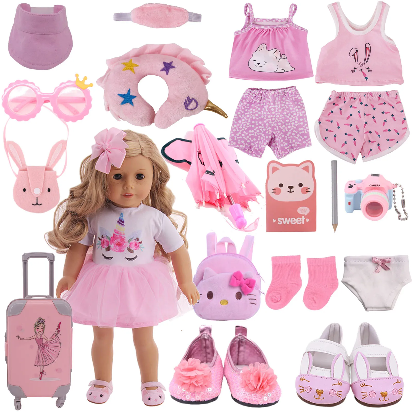 Doll Clothes Pink Skirt Bag Shoes For 18Inch American Toy&43cm Born Baby Doll Clothing Accessories For Girl's Birthday Gift