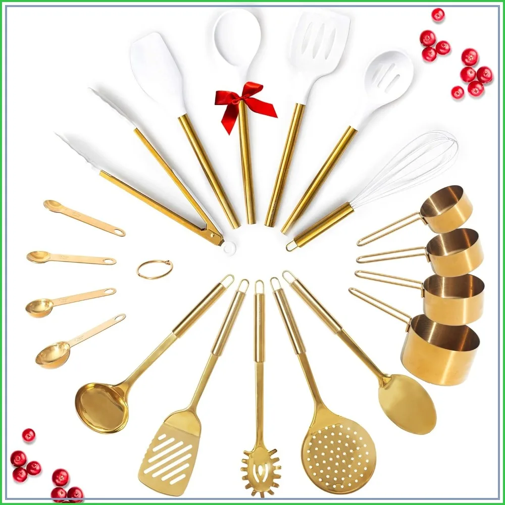 

Gold Kitchen Utensils Set - 19-Piece Stainless Steel & Silicone Tools, Measuring Cups and Spoons - Modern Cooking & Serving