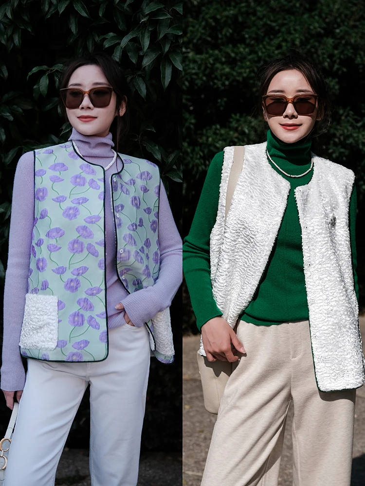 

Жилет из искусственного меха ручной работы, трехцветный, двусторонний, женский, новый, в китайском стиле, из смесового материала: полиэстер, хлопок, спандекс, ацетат.