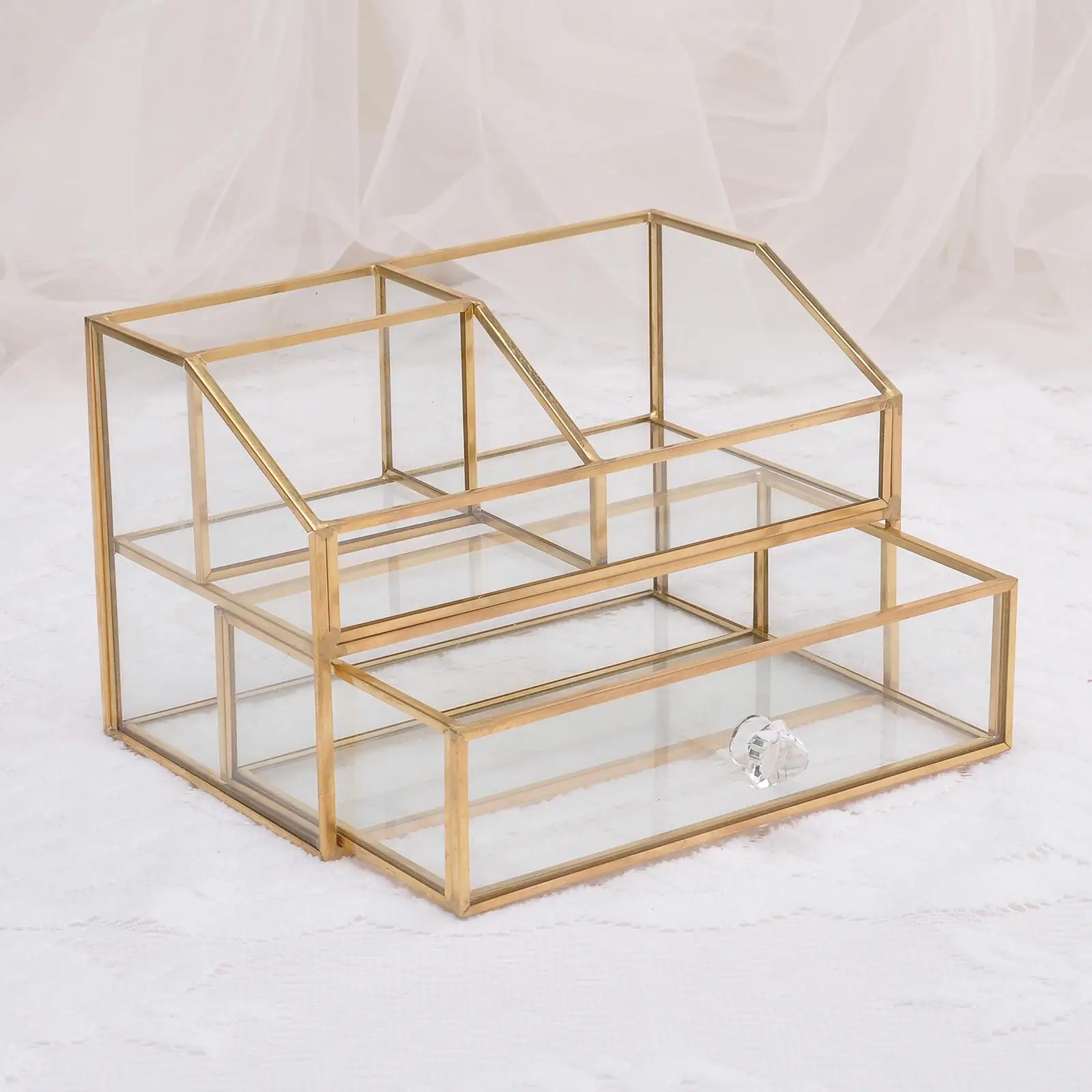 Luxury Glass Box Clear Glass Gold Tone Metal Jewelry Storage Case Cosmetic Makeup Lipstick Holder Organizer with Drawer