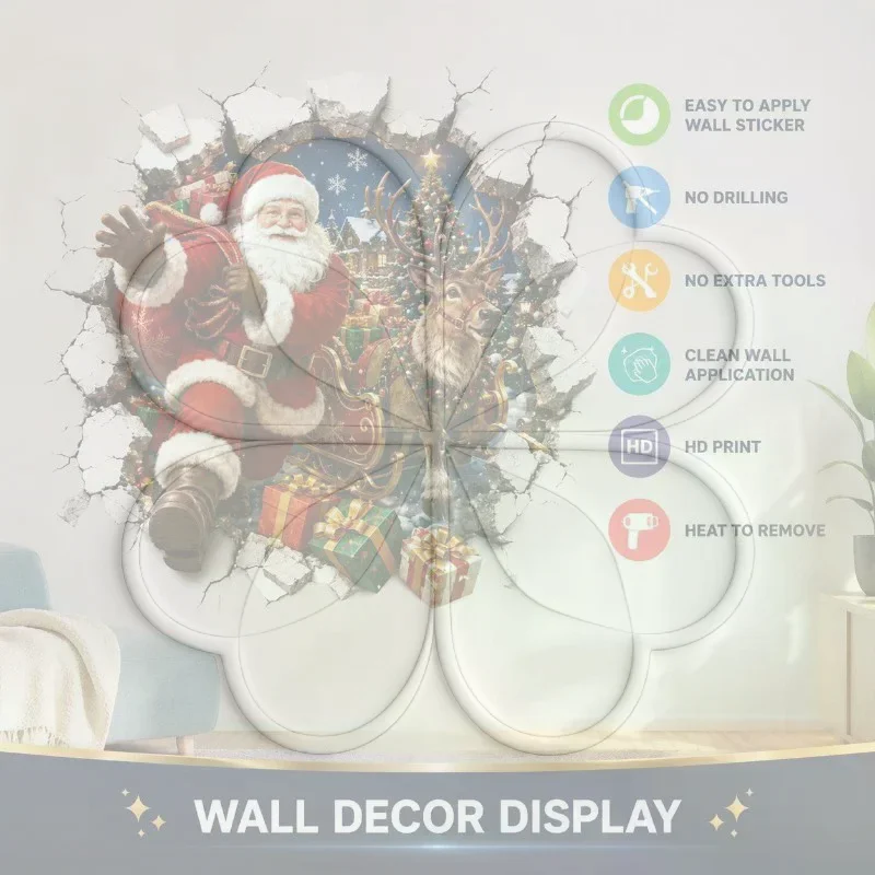 3D Broken Wall Christmas Decoration Self-Adhesive Santa Claus Wall Decal For Living Room And Bedroom