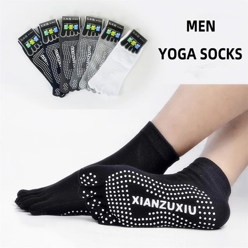 Meias de silicone de cinco dedos para homens, meias de meia tripulação, sólidas, antiderrapantes, aderência, Pilates, ioga