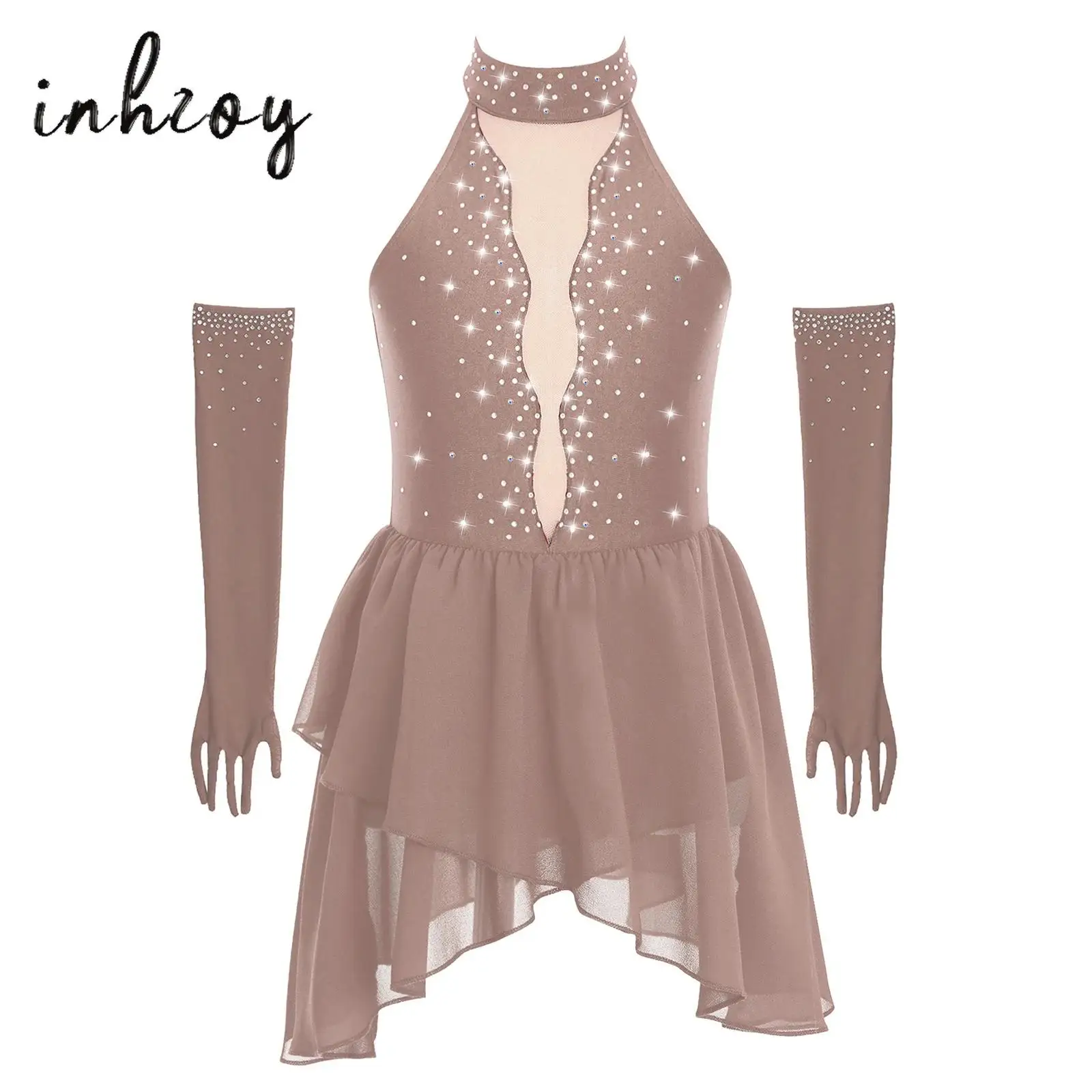 

Kids Girls Shiny Rhinestones Lyrical Dance Costume Sheer Mesh Patchwork Sleeveless Mock Neck rregular Hem Dress+Gloves 2Pcs/Set