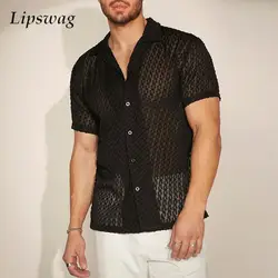 Vintage Lapel Buttoned Short Sleeve Mesh Shirts Men Summer Stylish See Through Hollow Out Shirt Vintage Mens Breathable Shirts