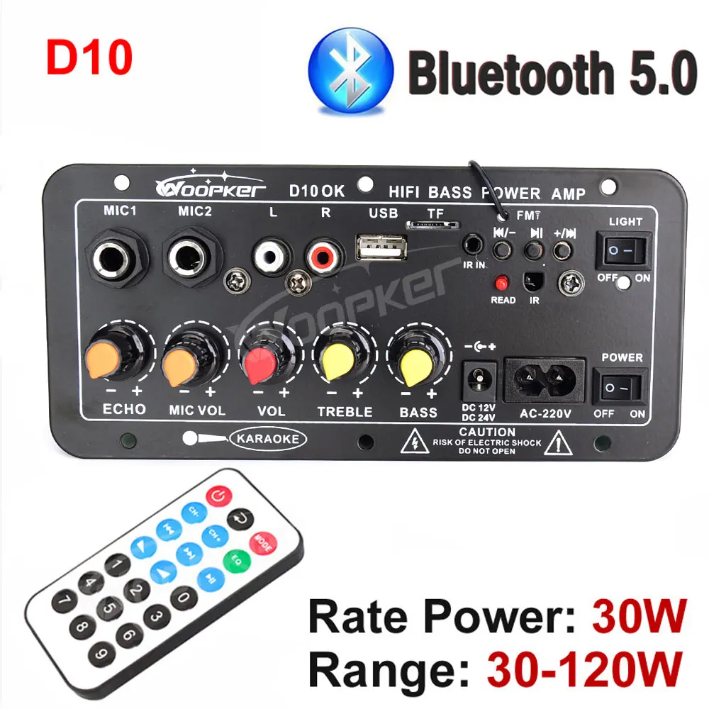 Woopker 300W Bluetooth Audio Verstärker Bord D100 Subwoofer Dual Mikrofon AMP Modul 12V 24V 220V mittelalterlichen Player 5