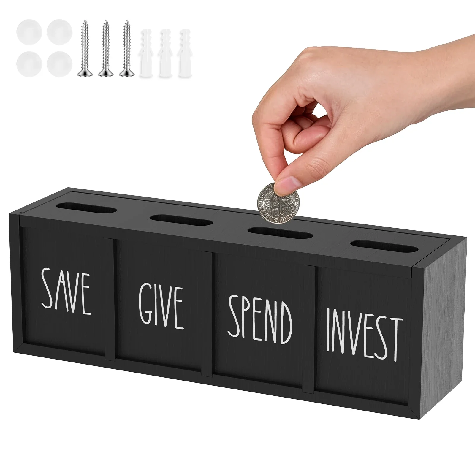 Wall Mount Kid Penny Piggy Bank 4 Grids Wooden Give Save Spend Invest Daily Cash Bill Money Box