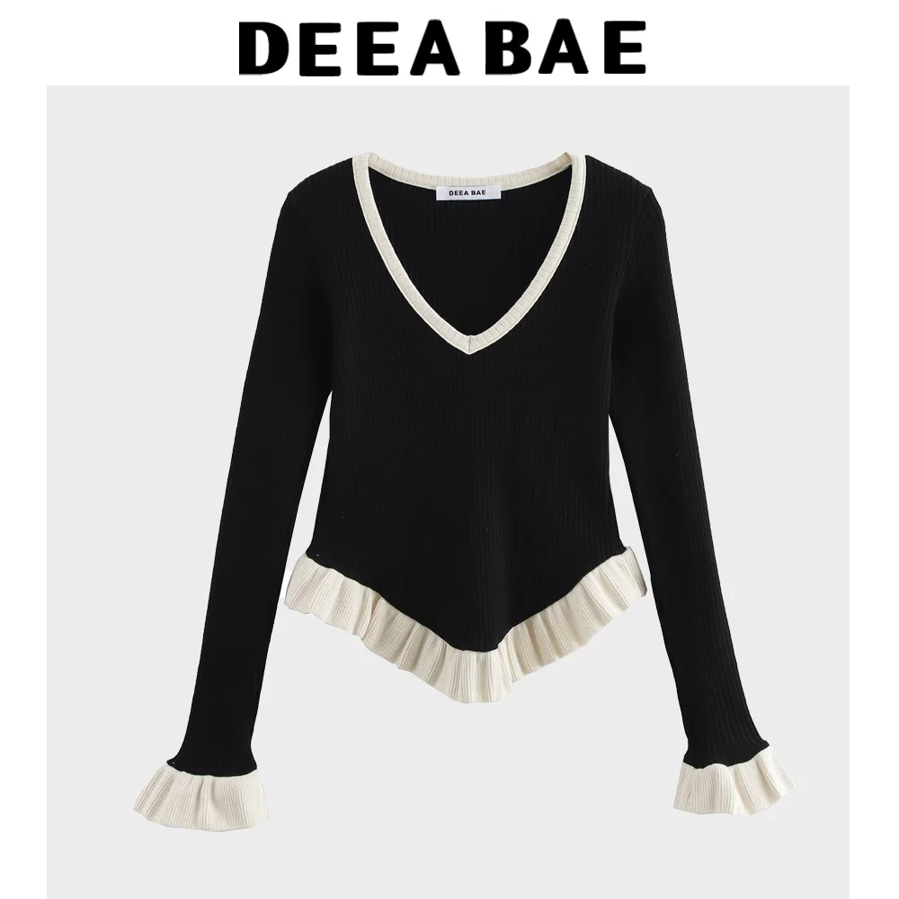DEEABAE 韓国女性のファッション気質スリムフィットレイヤード装飾縦ストライプ V ネック長袖ニットプルオーバー