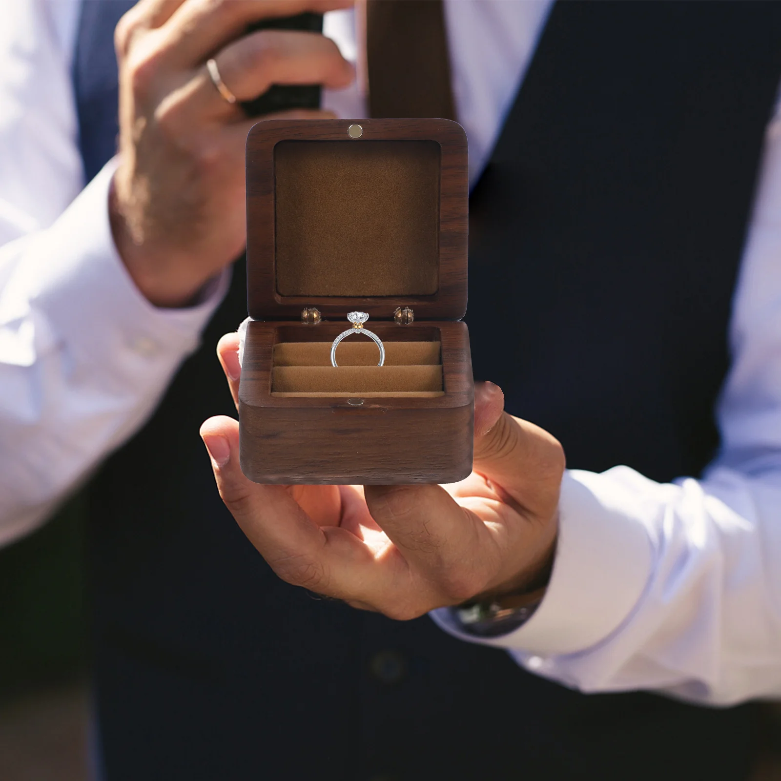 

Wooden Wedding Ring Box Square Compact Portable Engagement Proposal Holder Organizer Gift Case for Ceremony Anniversary