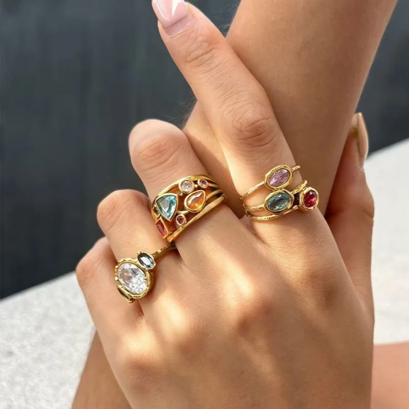 

Retro Style Zircon Carbon Steel Ring for Women Unique Design High-End Sensation Non-Fading Hollow out Jewelry Daily Versatile Ac