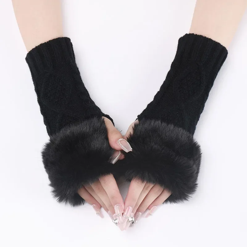 Guanti da donna con maniche calde pelose autunno inverno Lady Faux Rabbit Fur guanti di canapa lavorati a maglia elastici senza dita accessori di abbigliamento