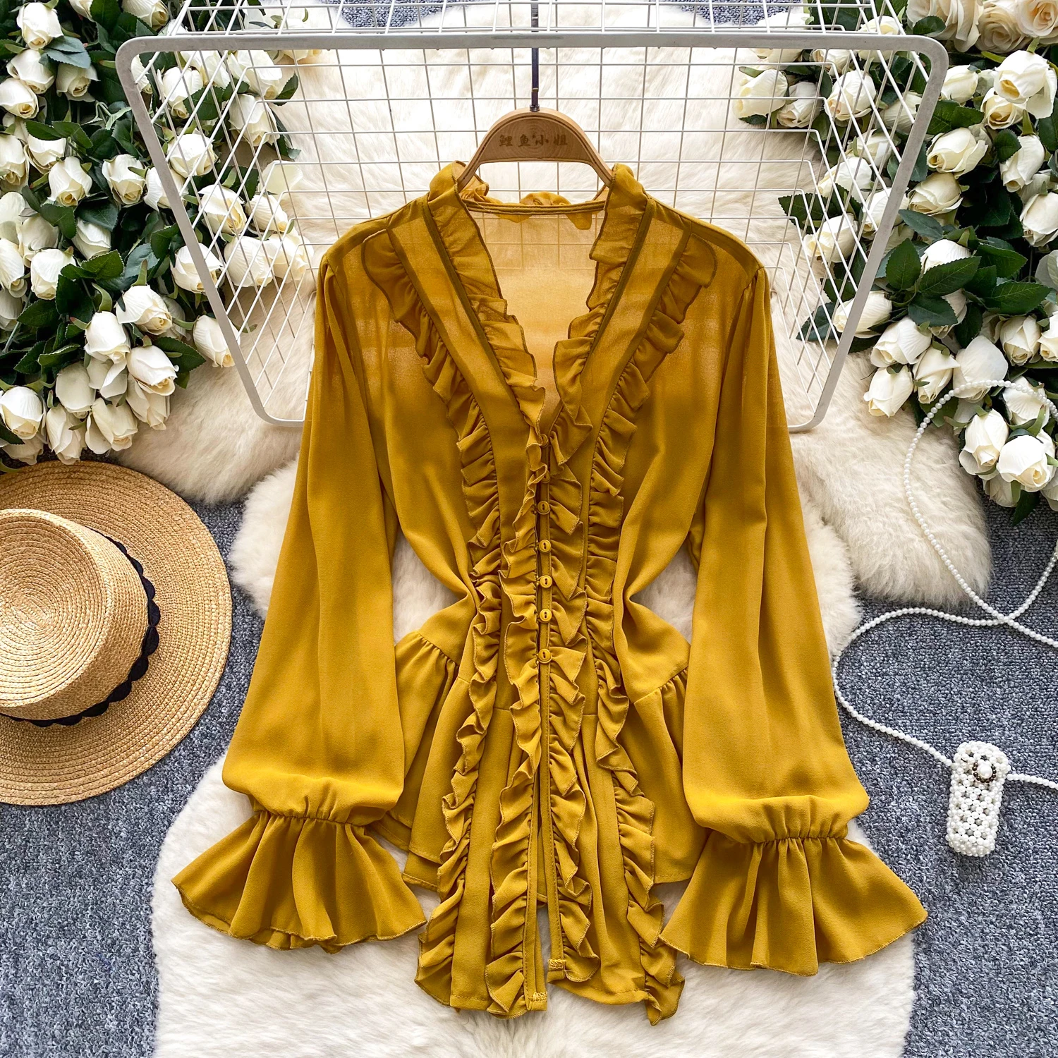 

Шикарная базовая элегантная модная сексуальная офисная рубашка с длинными рукавами и рюшами, летняя женская блузка, женская