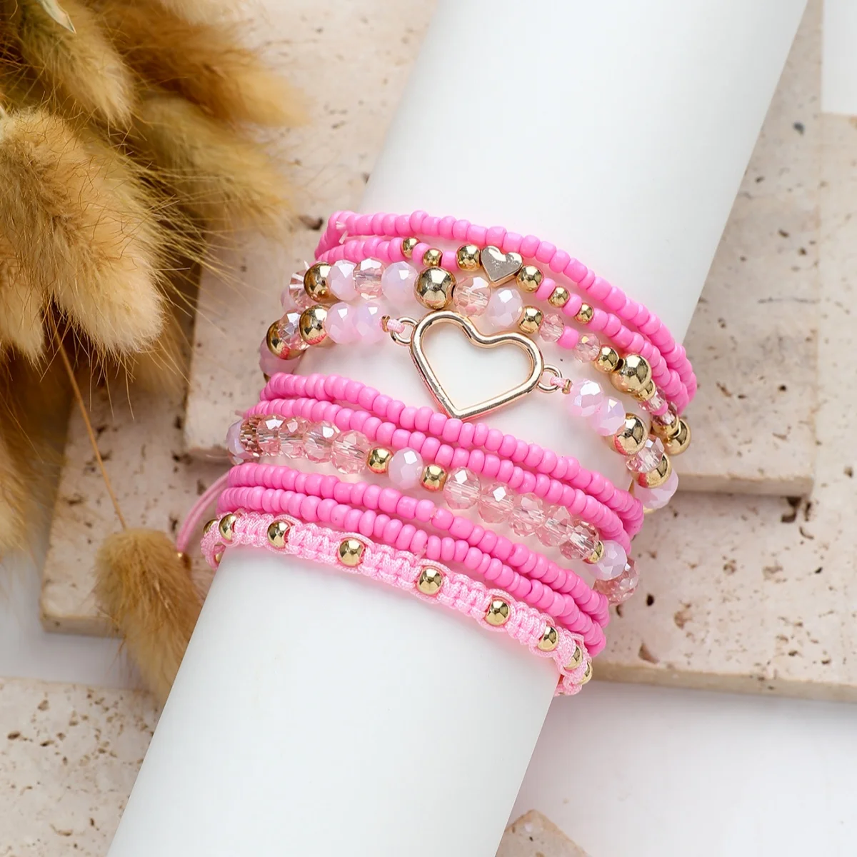 10Pcs/Set Bohemian Handmade Rice Beads Heart-Shaped Bracelets Set For Women Jewlery Accessories ﻿