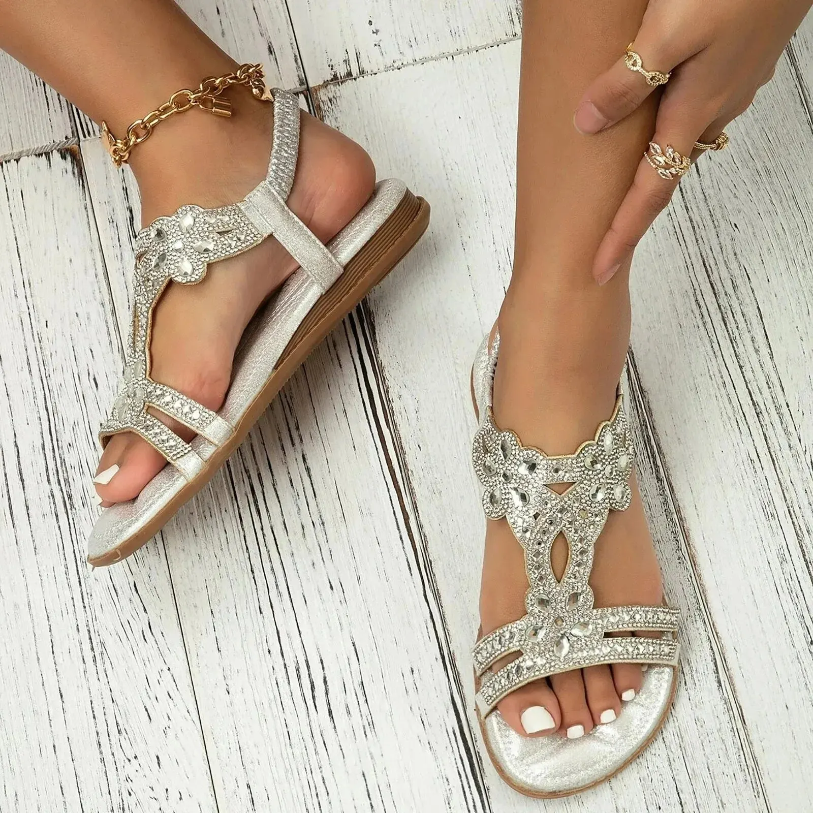 Rhinestones Sandals For Women With Elastic Ankle Strap Bohemian Beach Shoes Fashion Crystal Floral Casual Open Toe Shoes