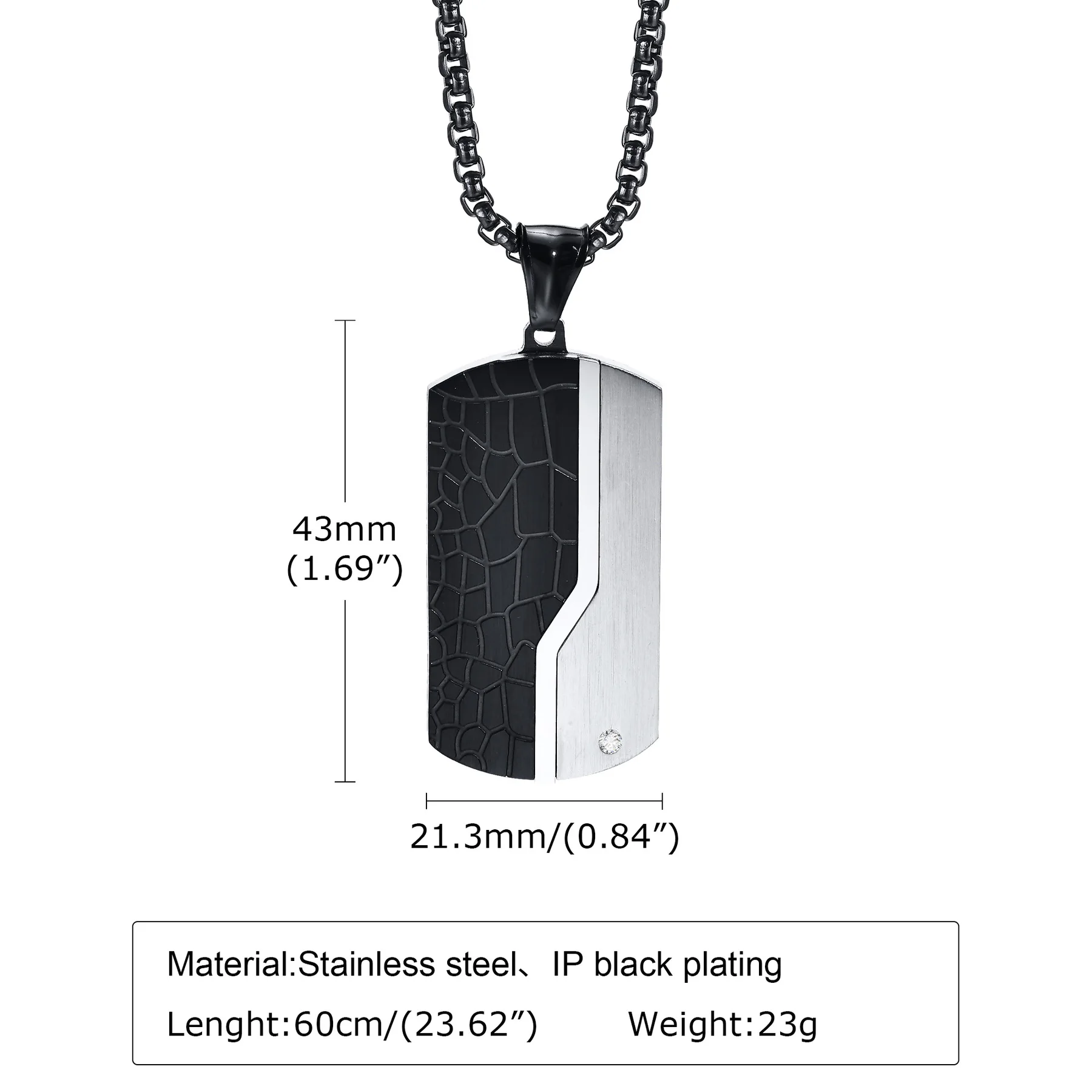 Men\'s New Stylish Geometric Neklaces with CZ Stone,Rock Punk Stainless Steel Dog Tag Pendant,Free Box Chain 50/55/60/70cm