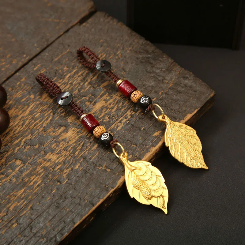 Брелок для ключей фэн-шуй, винтажный медный брелок для ключей в форме тыквы, с подвеской в виде листьев купюр, пяти императоров