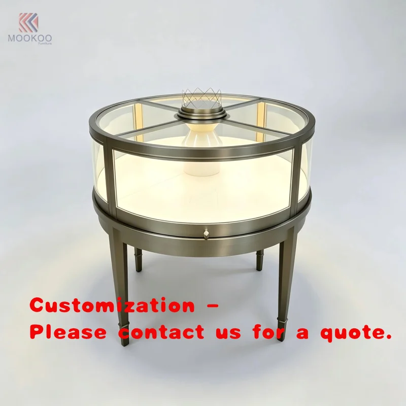 custom.Round Curved Glass Jewelry Island Display Brushed Bronze Metal Frame Cabinet Spotlight Rotating Display Luxury Boutiq