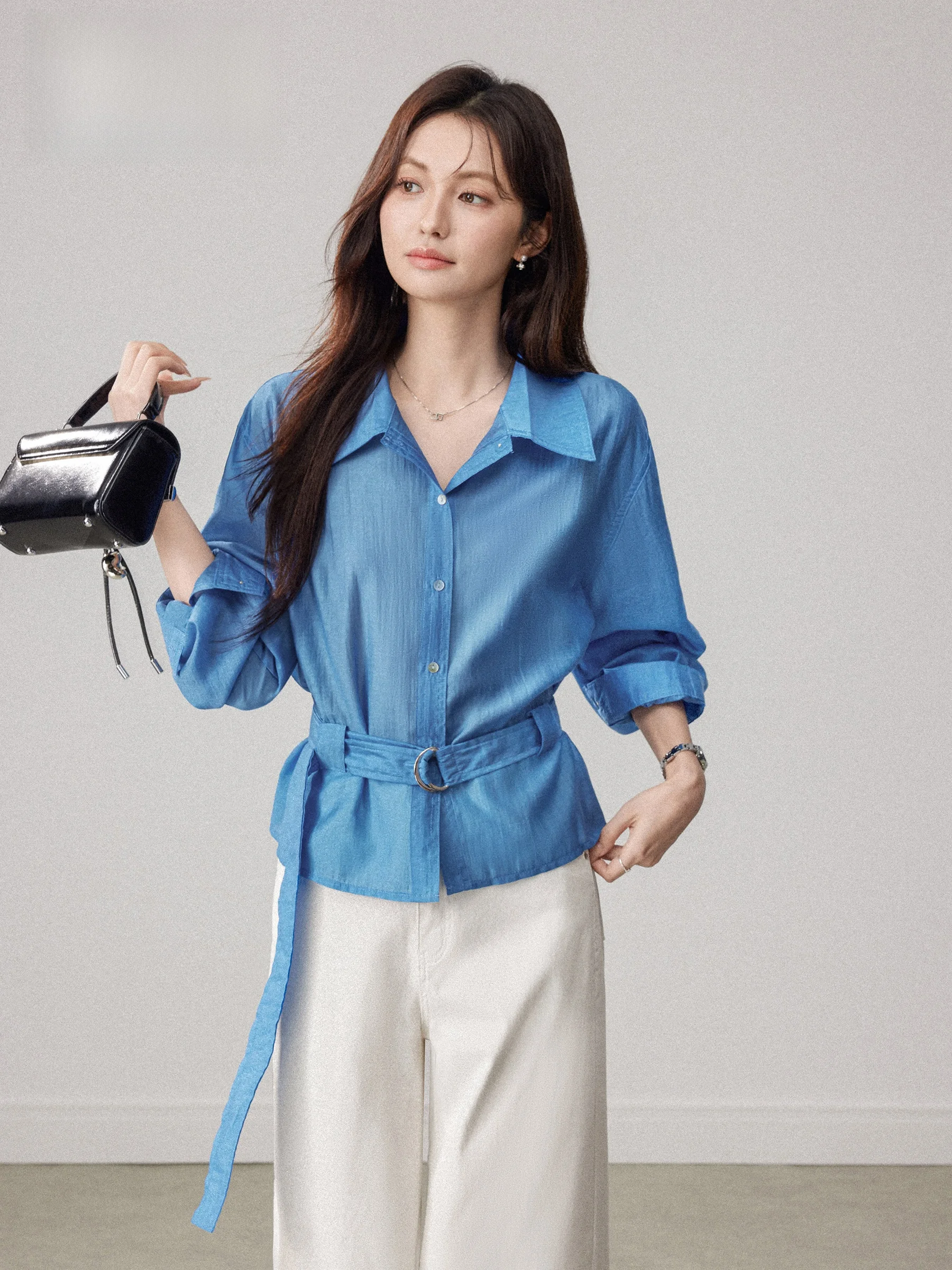 

Blue Long Sleeve Shirt Women's Spring High Intelligence Sensation Korean Waist-Cinching Slimming Top by Zhaodoudou Miu