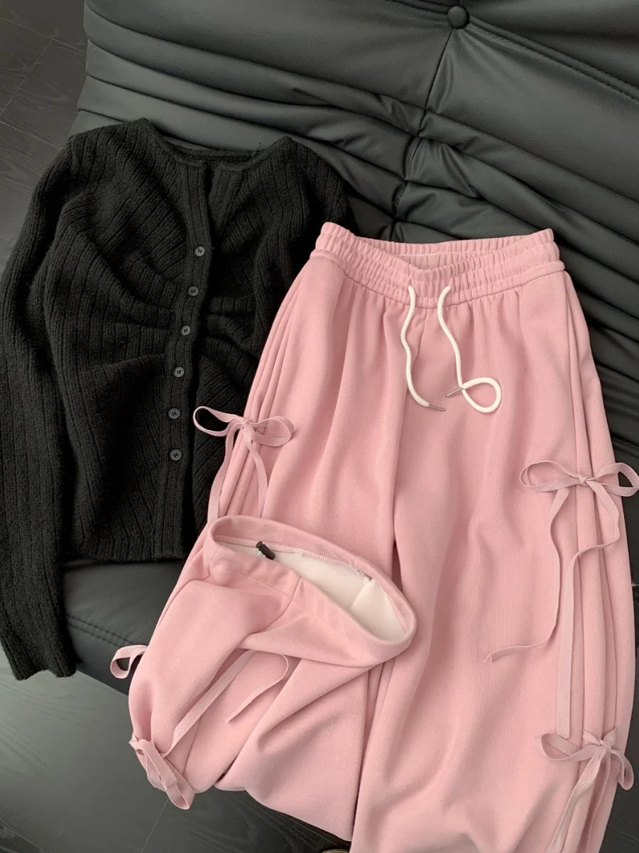 Korean Style Pink Sweatpants Women Spring Vintage Bow Lace-up Straight Wide Leg Pants Fashion Trend Loose Long Pants