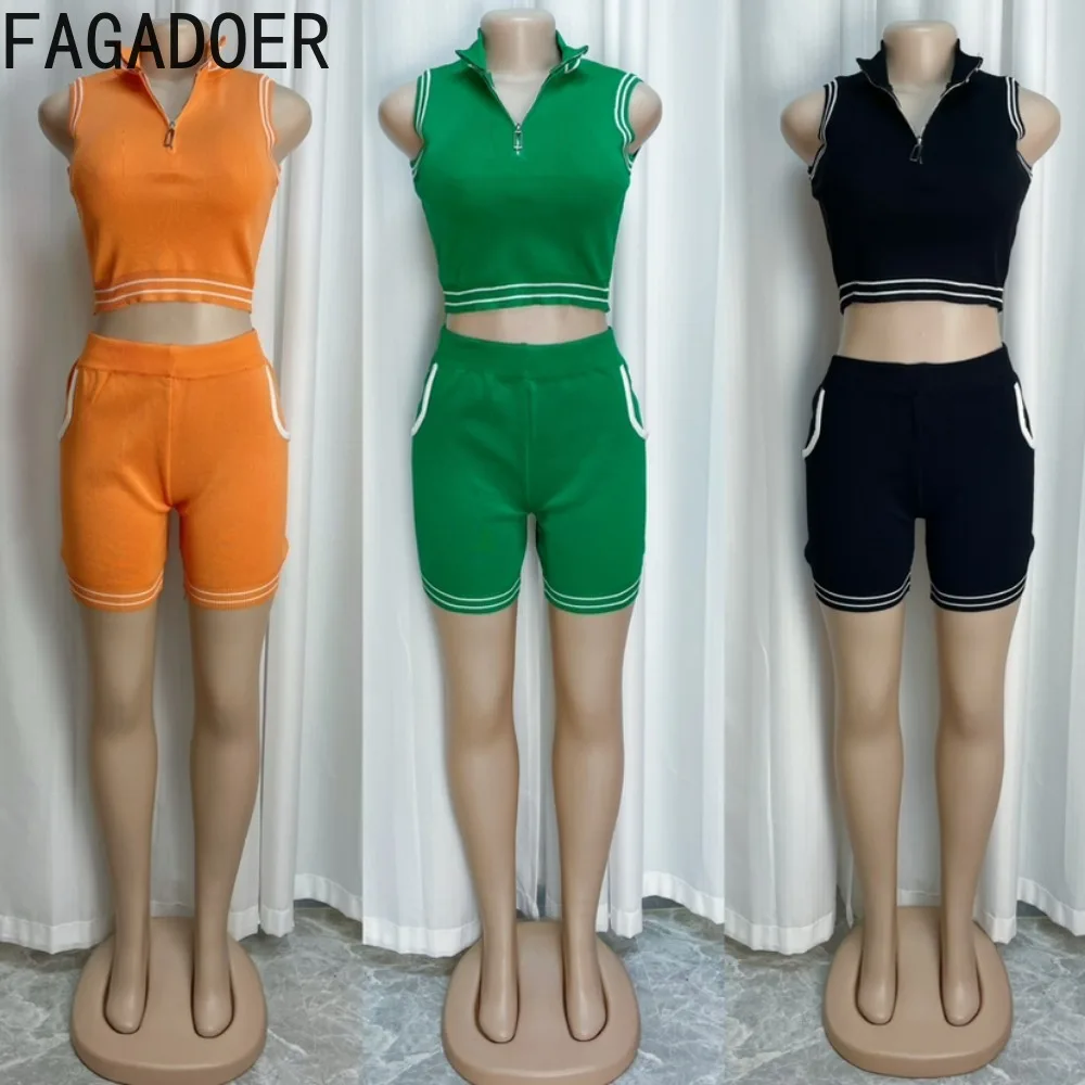 FAGADOER Casual Stripe Stitching Knitting 2 Piece Sets Outfits Women V Neck Sleeveless Slim Crop Top And Pocket Shorts Tracksuit