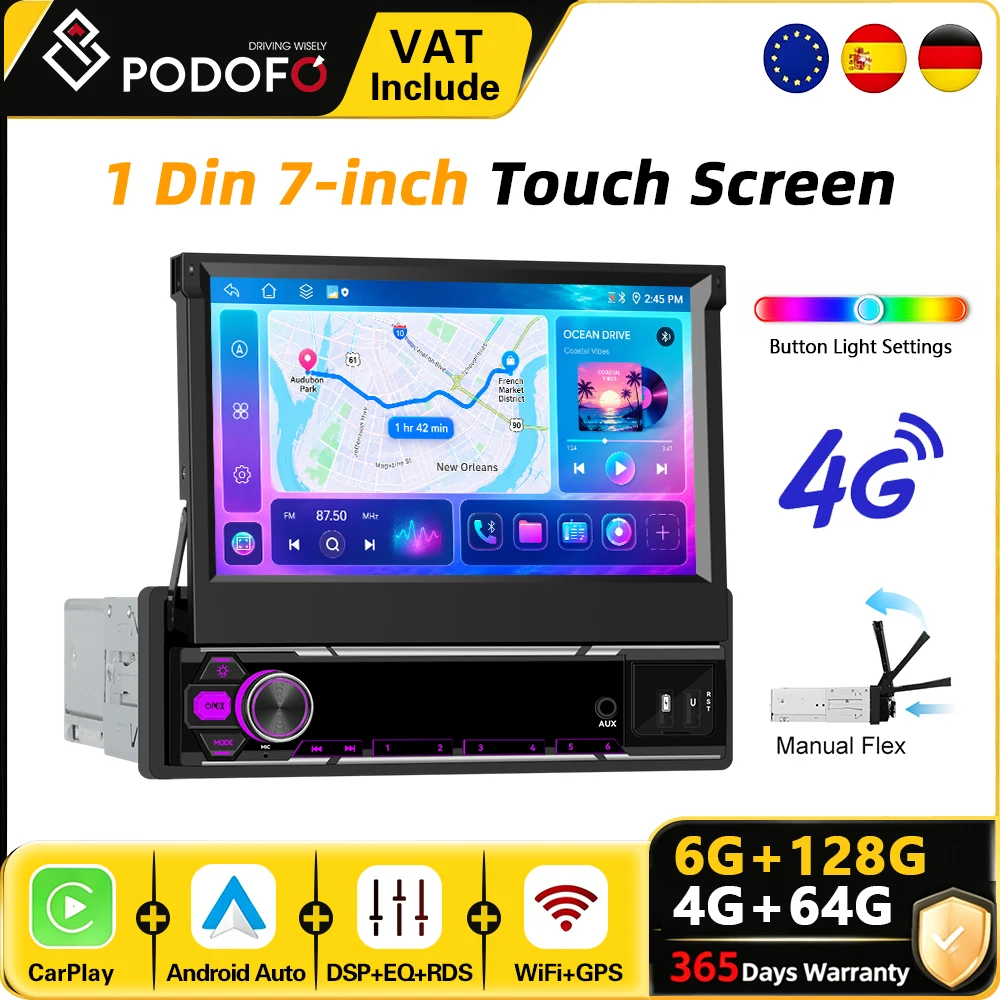 Autoradio Android Podofo 7 pouces 1 Din 6+128G avec écran télescopique manuel 4G, CarPlay sans fil, Android Auto, système intelligent pour voiture, navigation GPS, WiFi, lecteur multimédia vidéo pour voiture, FM RDS, USB, autoradio
