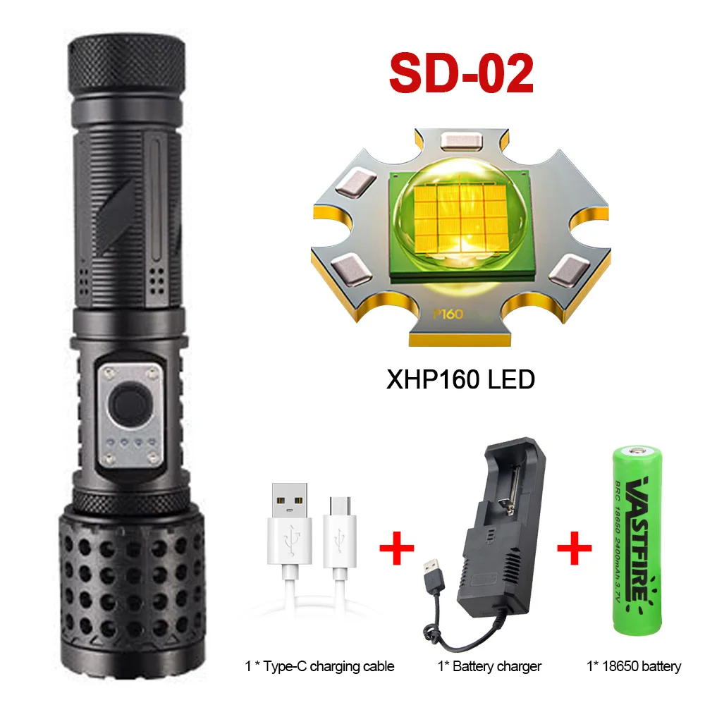 LED Torch Rechargeable Super Bright Xhp160 LED Flashlight Powerful Military Flashlight 16core USB Recharg Flashlight Torch