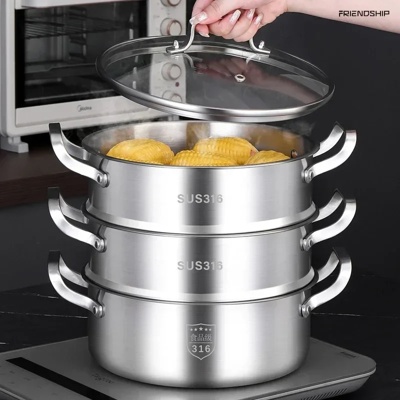 Thickened Food-Grade 316 Stainless Steel Three-Layer Large-Capacity New Steamer, Suitable for Home and Commercial Use