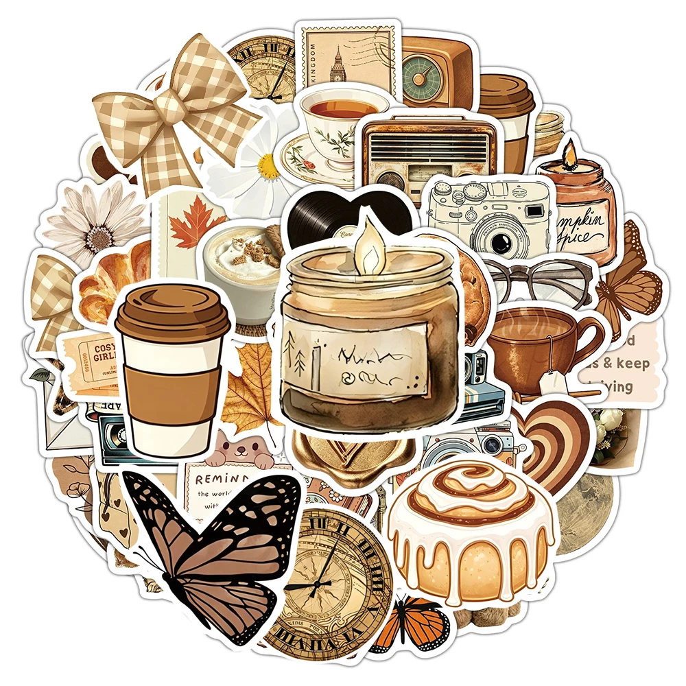10/30/50pcs Retro Coffee Theme Cartoon Stickers Vintage Aesthetic Graffiti Decals Waterproof DIY Fridge Phone Scrapbook Sticker