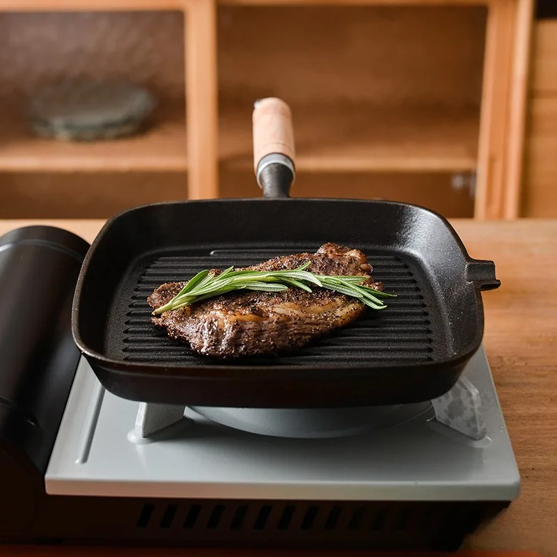 

Cast iron ribeye steak pan without coating, non-stick home use with stripes, 24 cm flat bottom pan for frying beef