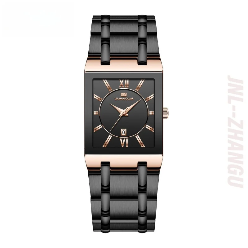 Men Business Watch Simple Design Luxury Fashion Rectangular Black Gold Stainless Steel Calendar Waterproof Quartz Men's Watches