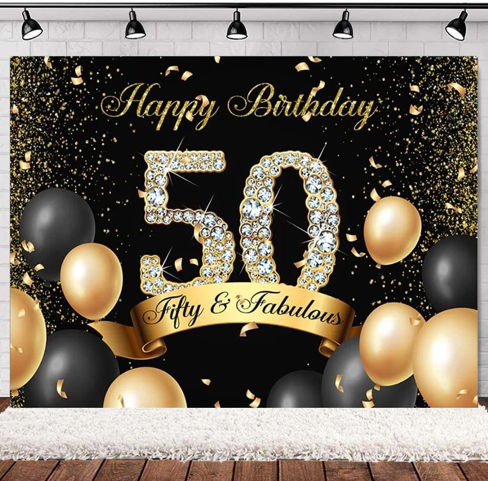 

Black Photography Backdrop For Men Black Gold Balloons Happy Fifty Birthday Party Banner Decorations Women Diamonds Background