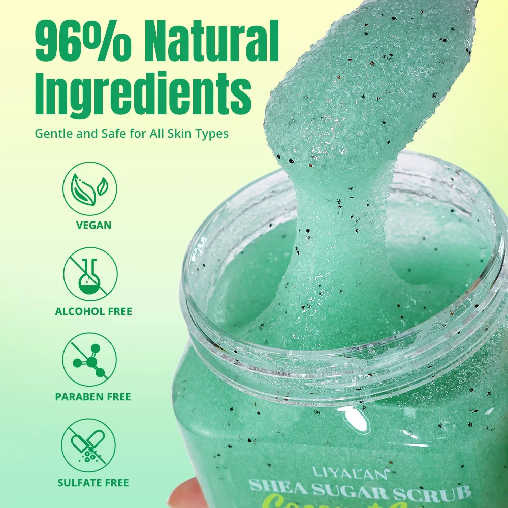 12 szt./pudełko Peeling do ciała z masłem shea i cukrem, owocowy, głęboko oczyszczający, wygładzający, złuszczający, unikający przebarwień, polujący, zmiękczający, odżywiający i nawilżający.