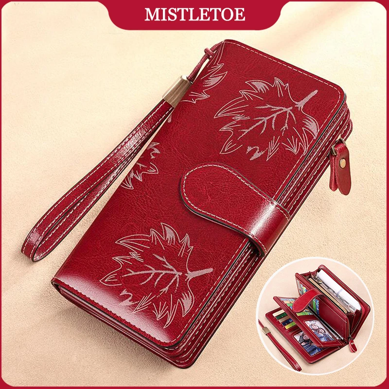 Maple Printed Lady RFID Protection Purse Multi Functional Phone Cow Genuine Leather Long Wallet for Women Luxury 2024