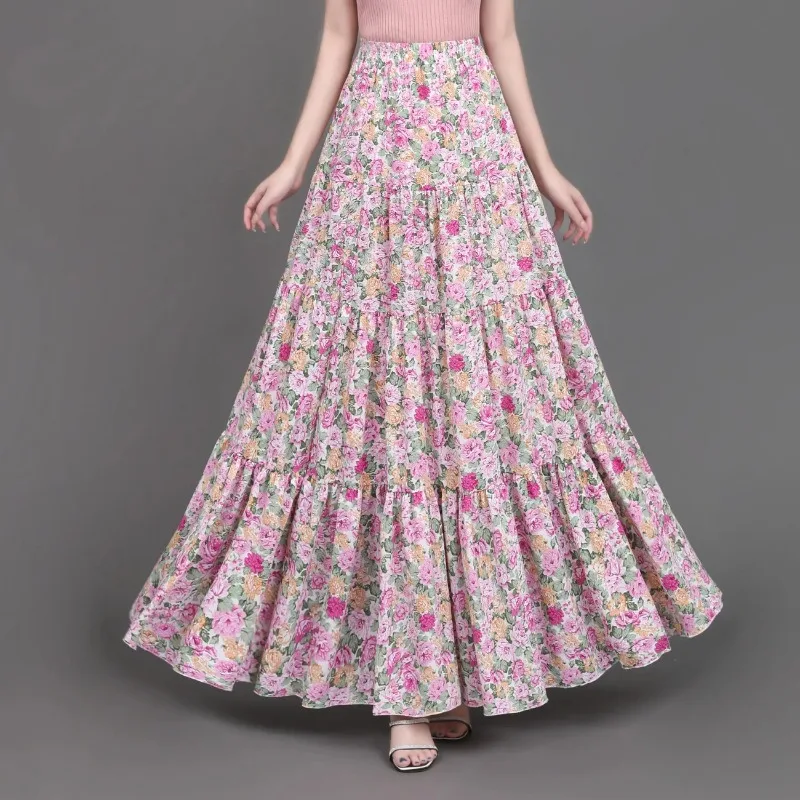 2024 Summer New Floral Maxi Long Boho Chiffon Skirts Elastic Waist Big Flared Ankle Length Cakee Skirts