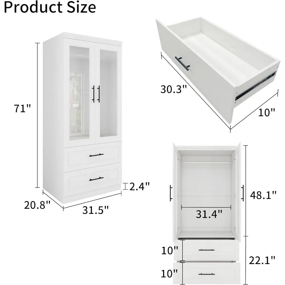 Wooden Armoire Wardrobe Closet with Glass Door, Bedroom Armoire Storage Cabinet, 4 Door Modern White Armoire Wardrobe Closet